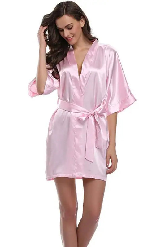 Plain Satin Kimono Bathrobe – Elegant Short Robe for Weddings and Loungewear