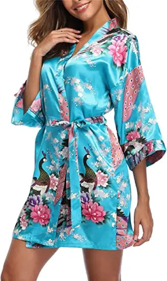 Satin Silk Bridesmaid Robe – Elegant Crane Print Kimono