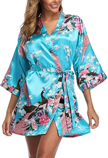 Satin Silk Bridesmaid Robe – Elegant Crane Print Kimono