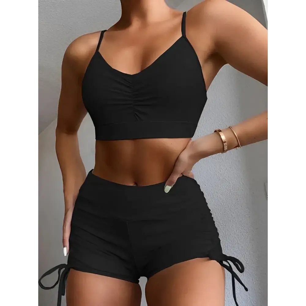 High Waist Drawstring Front Shorts Bikini Set