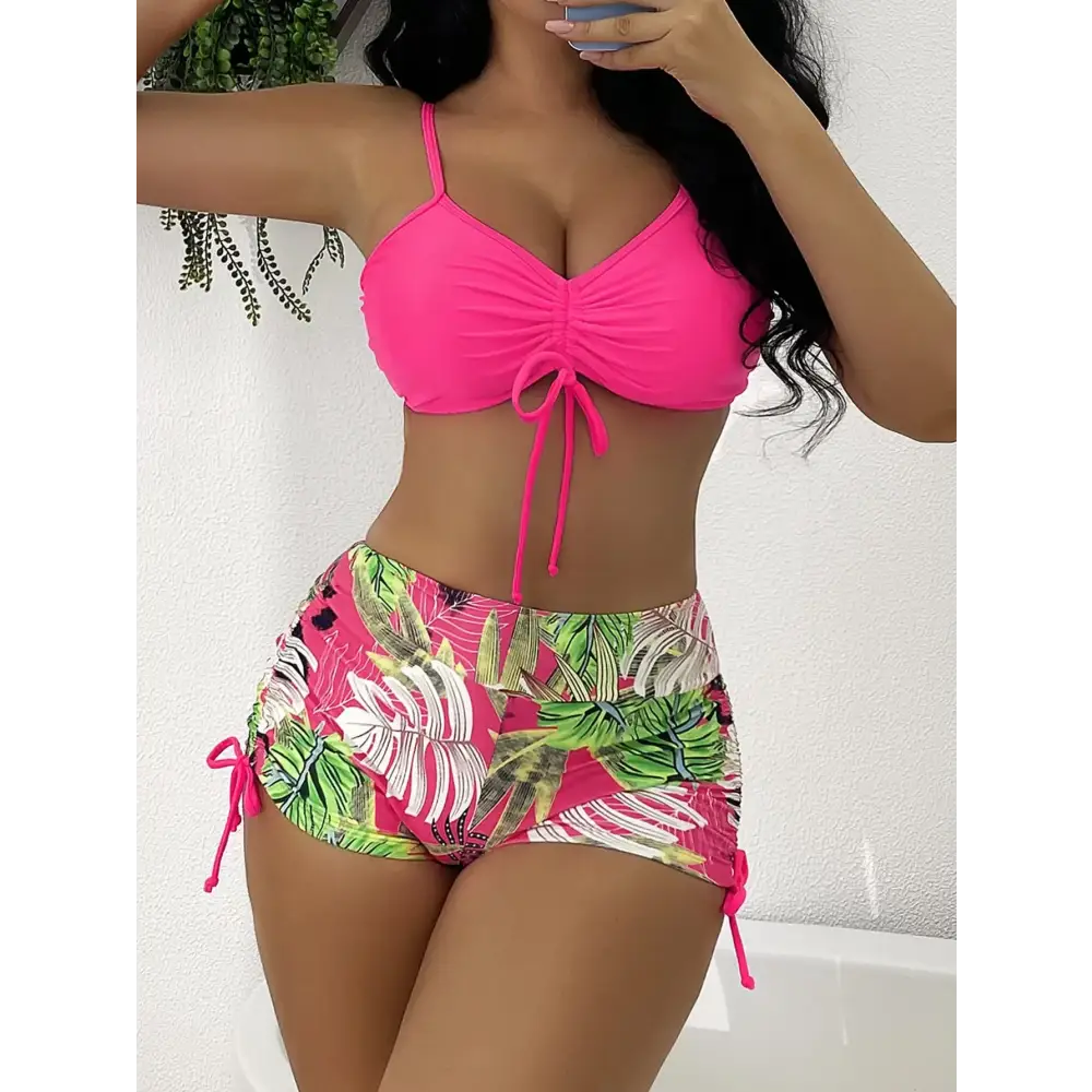 High Waist Drawstring Front Shorts Bikini Set