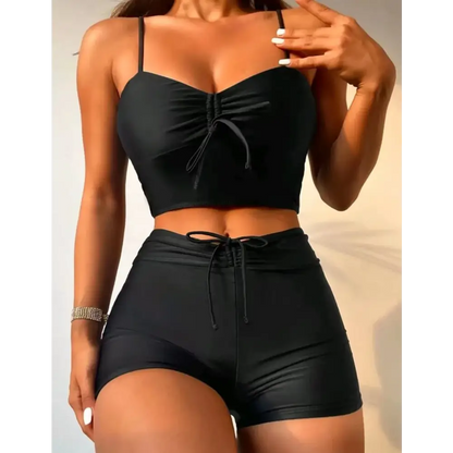 High Waist Drawstring Front Shorts Bikini Set