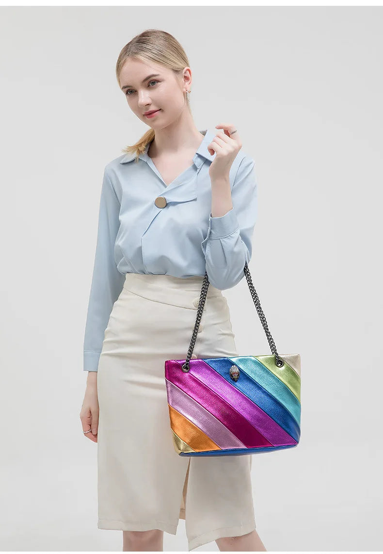 Large Colourful Crystal Designer Tote Bag - Luxury Leather Party Handbag