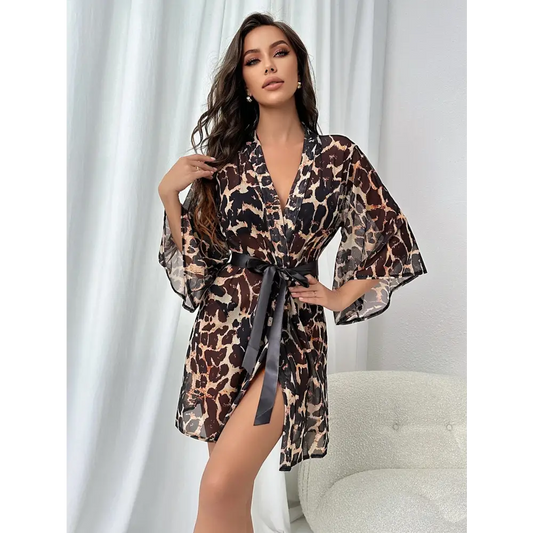 Leopard Kimono Belt Bath Robe Bridesmaid Wedding Party Long Sleeve Lingerie Sexy Nightwear Nesh Women's Sleepwear