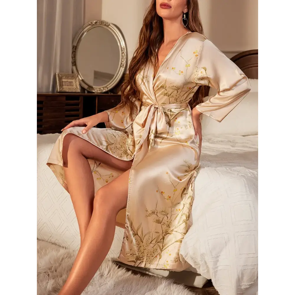 Little Cherry Print Belted Robe Sexy Satin Elegant Loungewear Four Seasons Breathable Sleepwear for Women