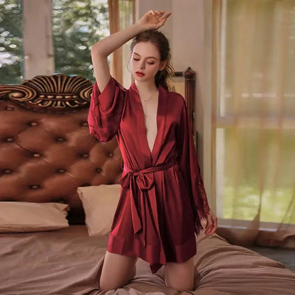 MECHCITIZ Satin Robe Female Intimate Lingerie Sexy Sleepwear Silk Bride Wedding Kimono Bathrobe Gown Nightgown Lace Nightwear