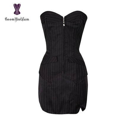 Office Style Women Basques Bustier Stripes Overbust Corsets Top With Skirt Lace Up Boned Corset Dress Plus Size 801