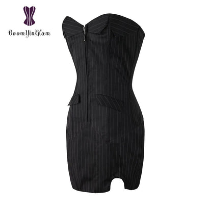 Office Style Women Basques Bustier Stripes Overbust Corsets Top With Skirt Lace Up Boned Corset Dress Plus Size 801