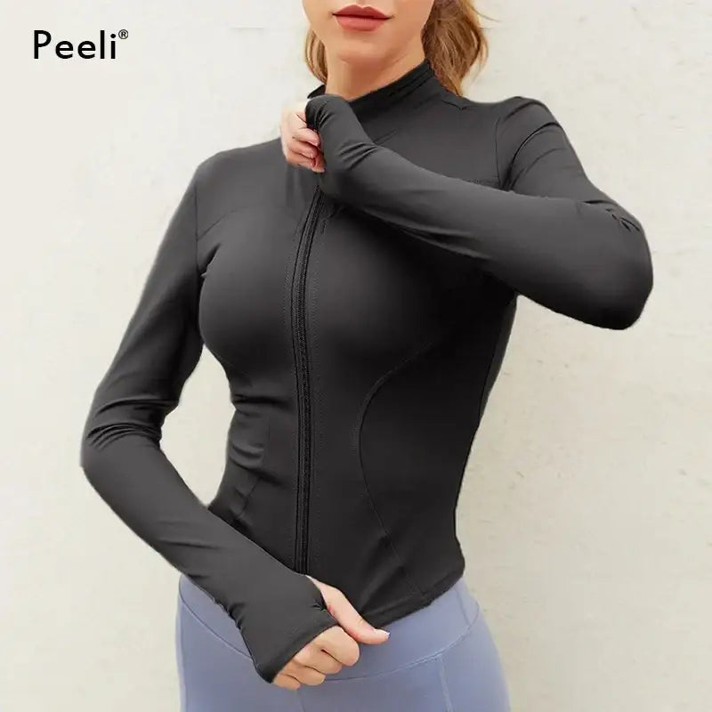 Peeli Long Sleeve Sports Jacket for Women - Zip Fitness Yoga Shirt, Winter Warm Gym Top