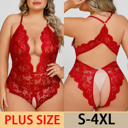 Plus Size Lace Hollow Bodysuit – Deep V Crotchless Lingerie