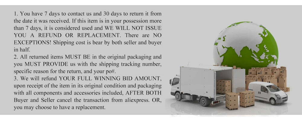 Return policy details with a globe, delivery truck, and boxes, outlining refund and replacement guidelines.