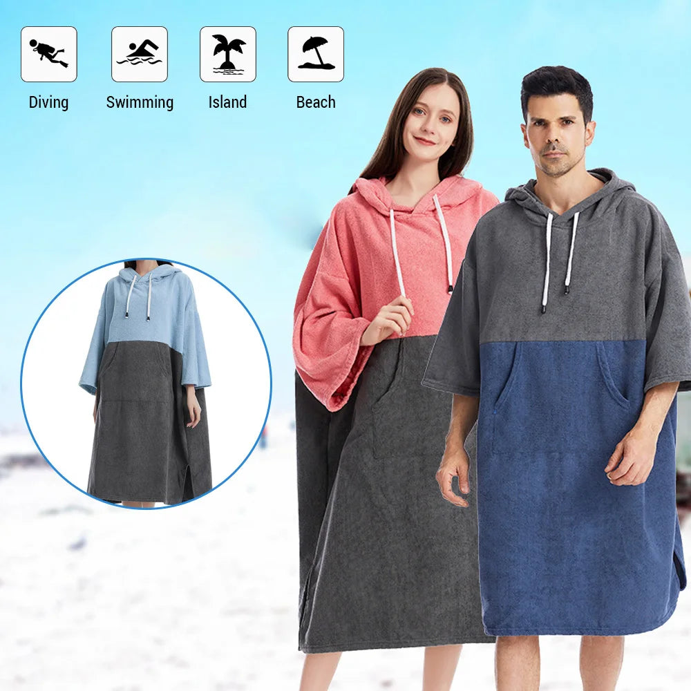 Two models wearing Quick-Dry Hooded Towel Ponchos in beach setting, showcasing colors for surfing and swimming comfort.