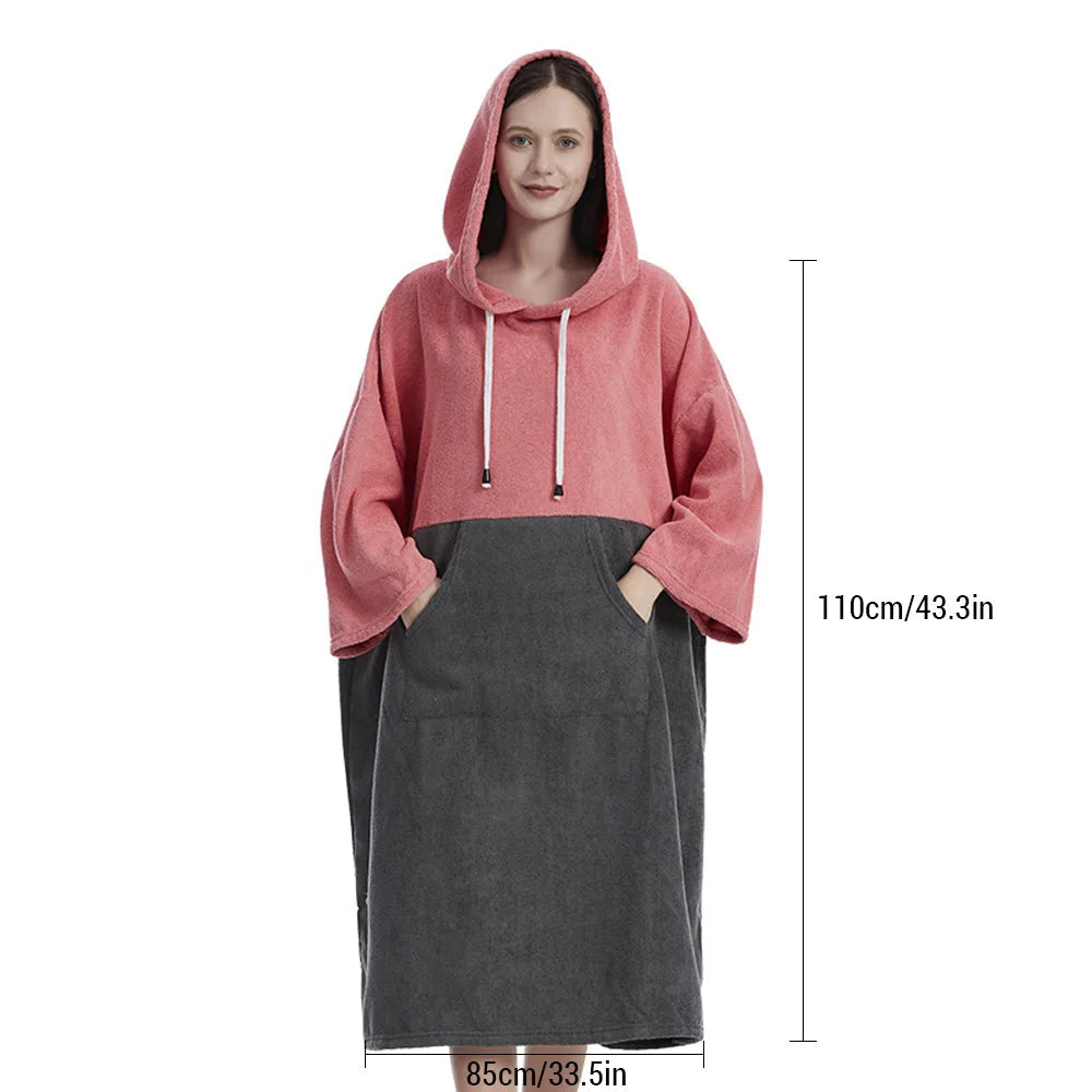 Quick-Dry Hooded Towel Poncho in pink and gray, perfect for surfers with cozy hood and ample coverage for changing.