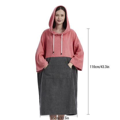 Quick-Dry Hooded Towel Poncho in pink and gray, perfect for surfers with cozy hood and ample coverage for changing.