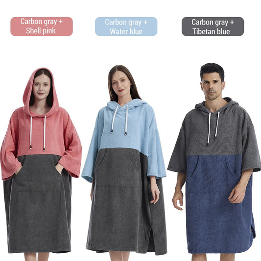 Quick-Dry Hooded Towel Poncho in three color combinations: shell pink, water blue, and Tibetan blue for beach enjoyment.