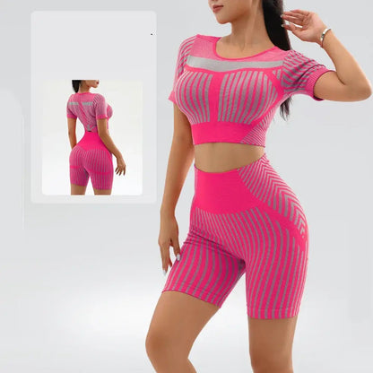 Quick Dry Yoga Set - Women’s Fashionable Stripe Fitness Suit with Shorts, Multiple Colours