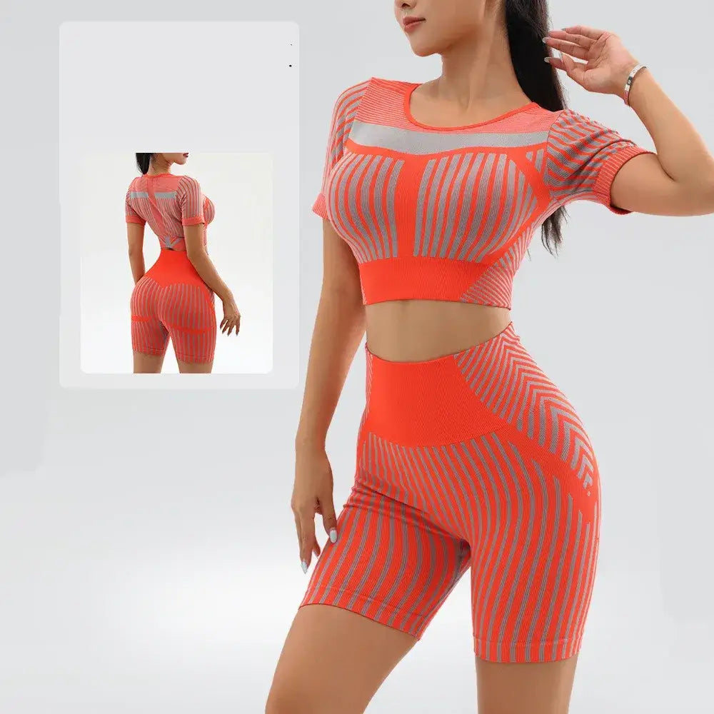 Quick Dry Yoga Set - Women’s Fashionable Stripe Fitness Suit with Shorts, Multiple Colours