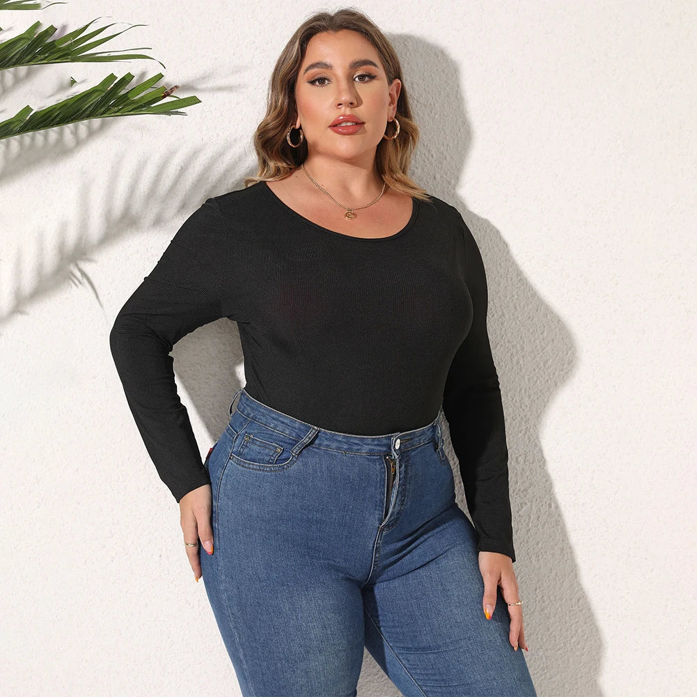 Female Bodysuit Plus Size Women's Casual Long Sleeve Bodycon Bodysuit with O Neckline in Black Rib Knit Fabric