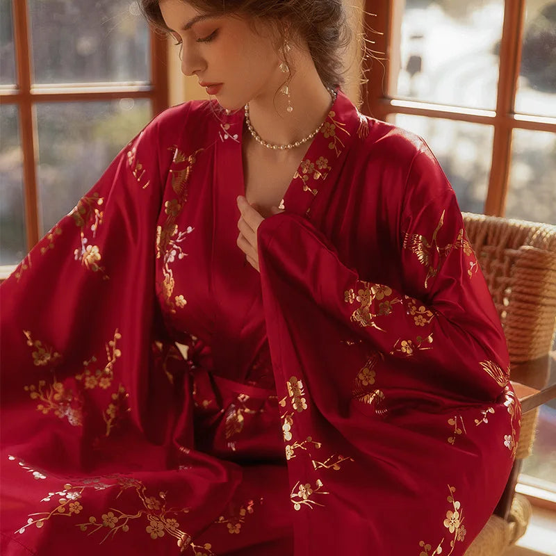 Luxury Burgundy Kimono Robe – Elegant Bridal Bathrobe with Bronzing Flower Design