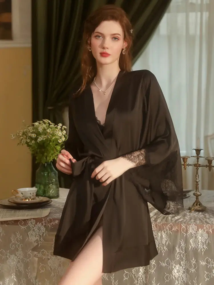 MECHCITIZ Satin Robe – Elegant Lace Nightwear for Women