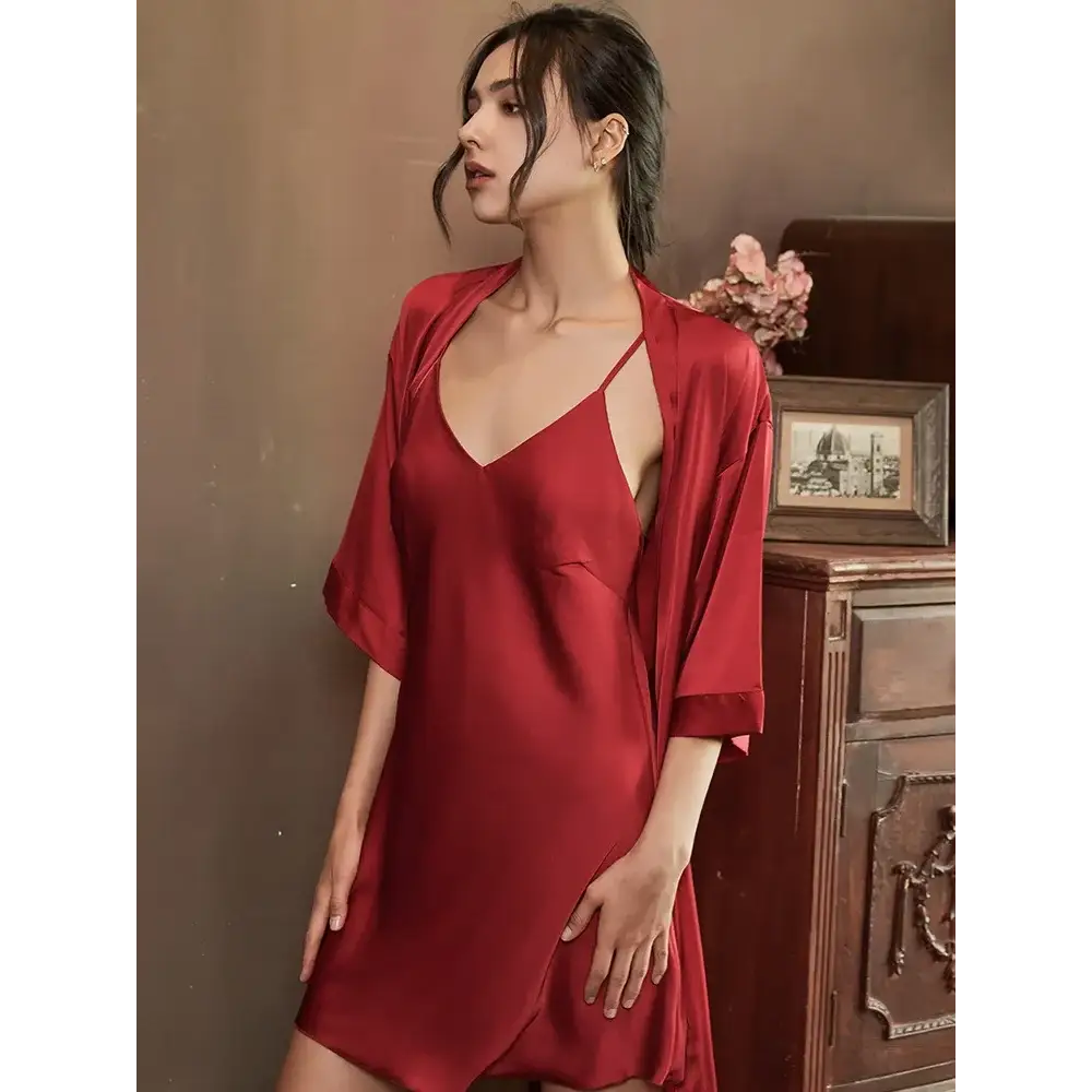 Satin Robe Set Sexy Women Sleepwear Casual Intimate Lingerie Faux Silk Nightdress Kimono Bathrobe Gown V-Neck Nightwear