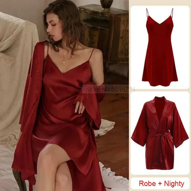 Satin Robe Set Sexy Women Sleepwear Casual Intimate Lingerie Faux Silk Nightdress Kimono Bathrobe Gown V-Neck Nightwear