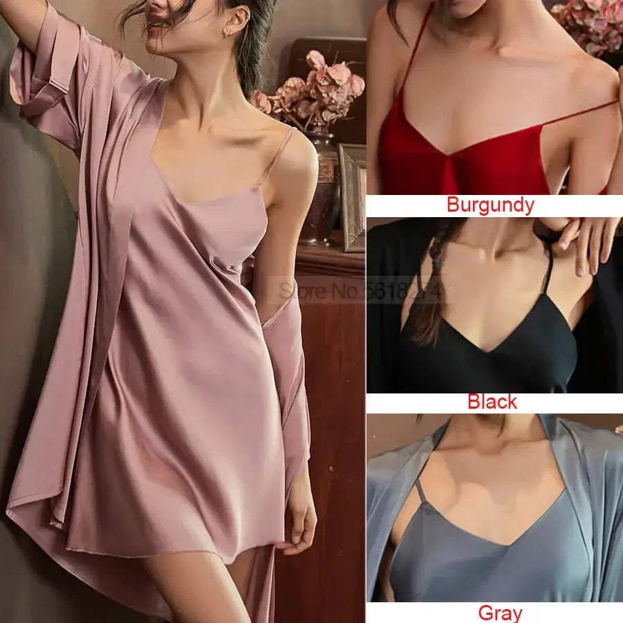 Satin Robe Set Sexy Women Sleepwear Casual Intimate Lingerie Faux Silk Nightdress Kimono Bathrobe Gown V-Neck Nightwear