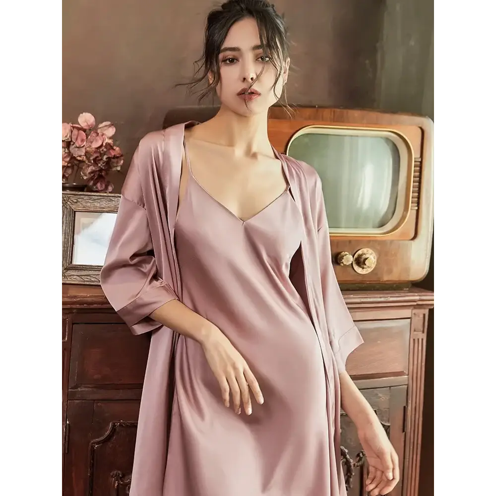 Satin Robe Set Sexy Women Sleepwear Casual Intimate Lingerie Faux Silk Nightdress Kimono Bathrobe Gown V-Neck Nightwear