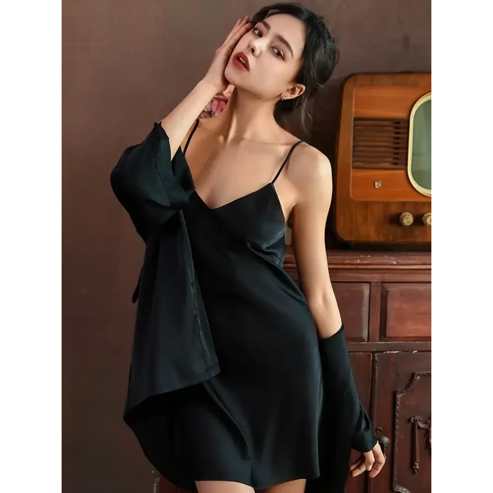 Satin Robe Set Sexy Women Sleepwear Casual Intimate Lingerie Faux Silk Nightdress Kimono Bathrobe Gown V-Neck Nightwear