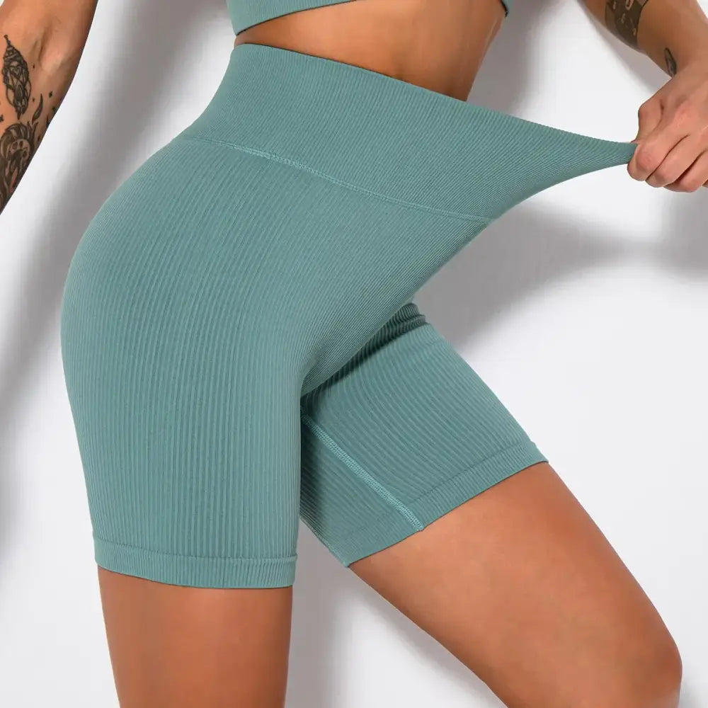 Seamless Ribbed High Waist Yoga Shorts for Women Elastic Workout Cycling Shorts