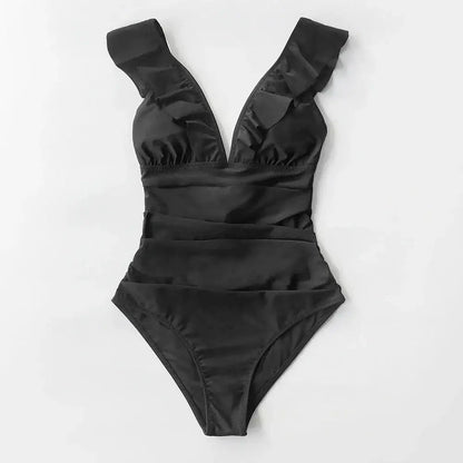 Solid Black Ruffled One-piece Swimsuit