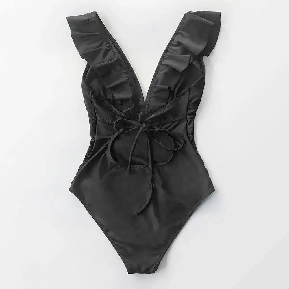 Solid Black Ruffled One-piece Swimsuit