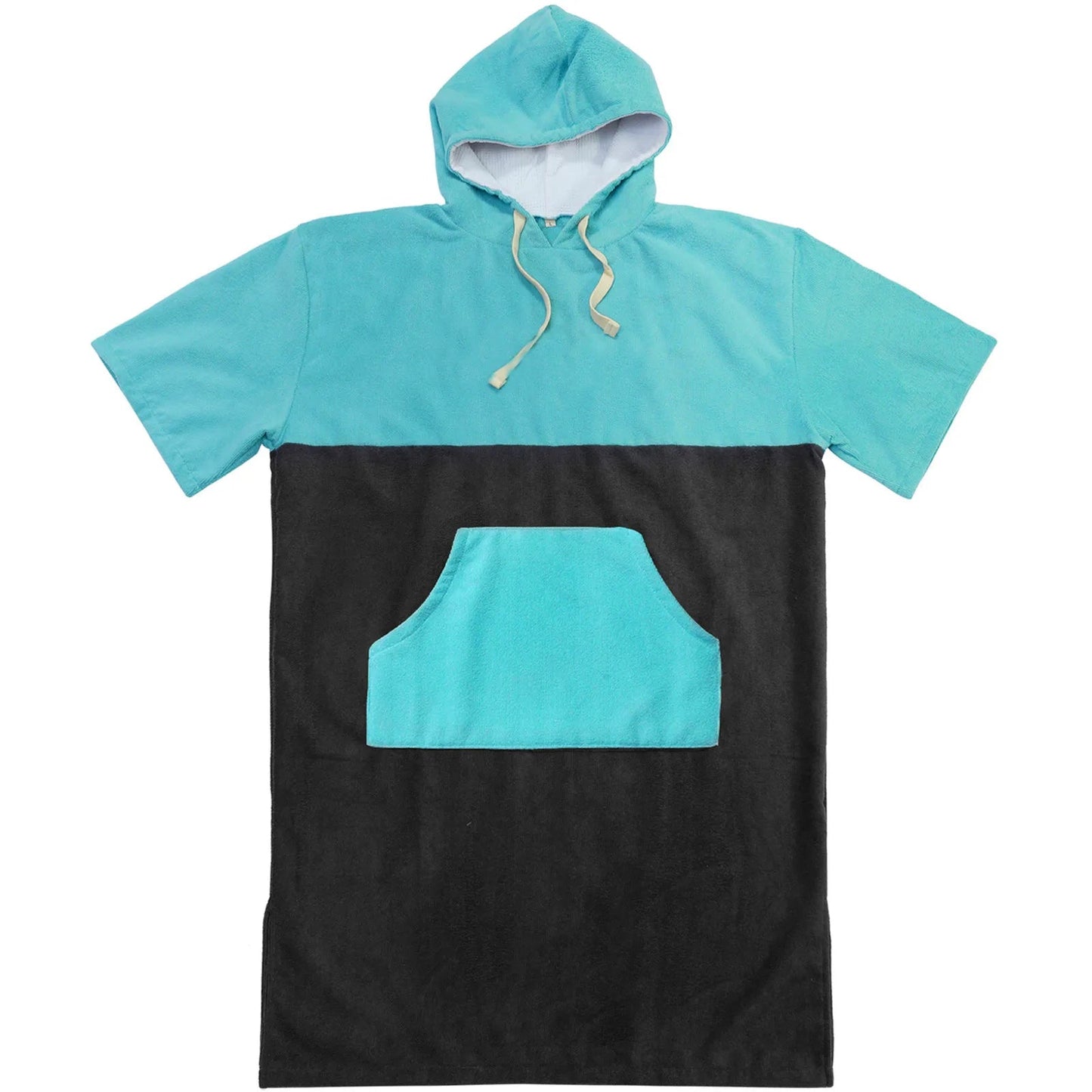 Swimming diving hooded bathrobe poncho in blue and black with front pocket, perfect for water sports and changing.