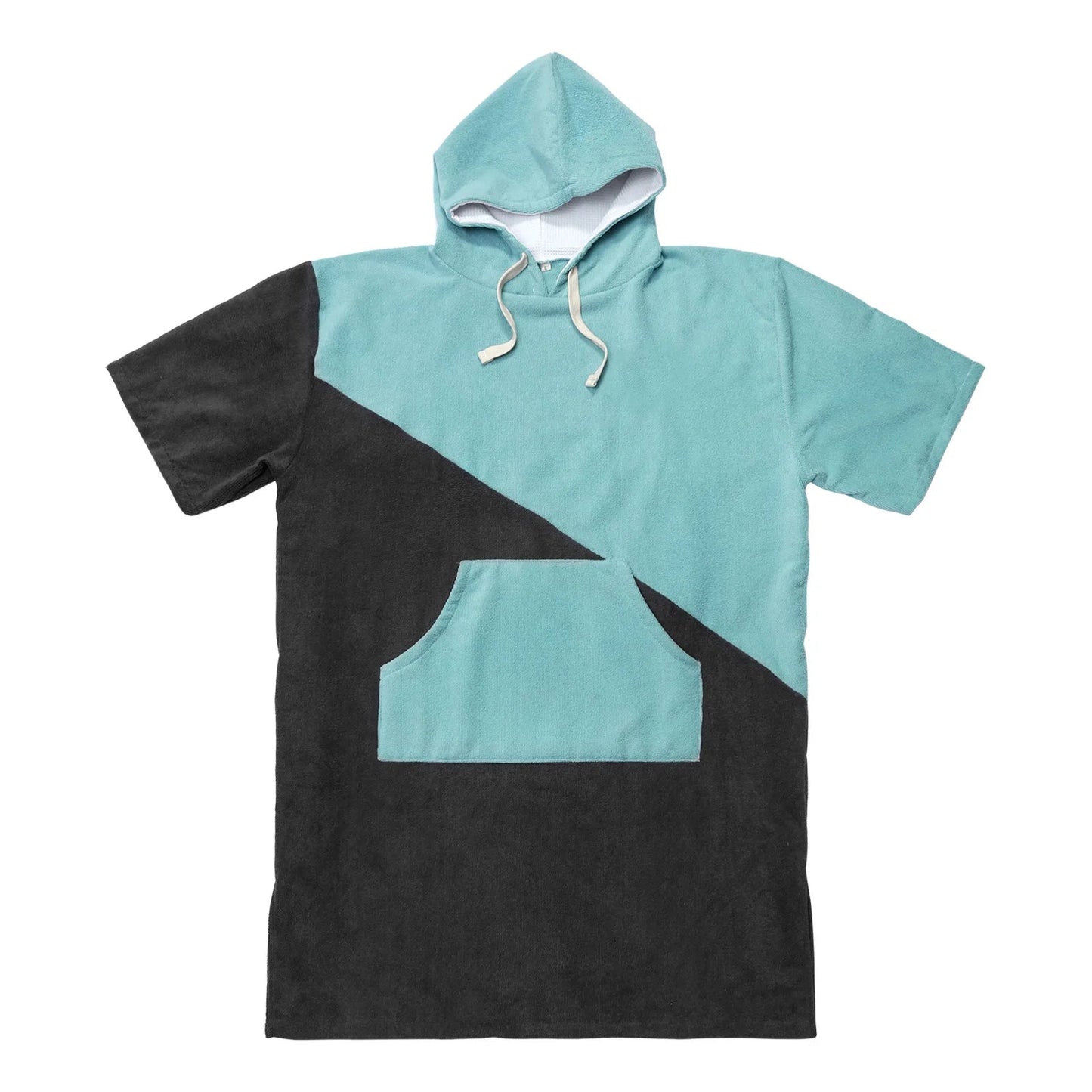 Swimming diving hooded bathrobe poncho in teal and black with a pocket, perfect for staying warm after water activities.