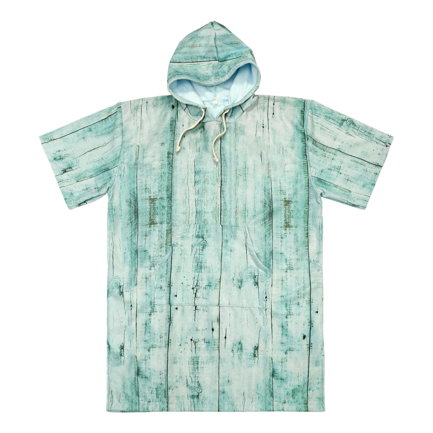 Swimming diving hooded bathrobe poncho in teal wood pattern, perfect for water sports and outdoor activities.