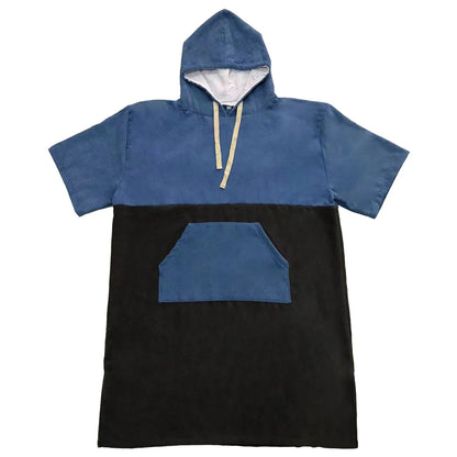 Swimming diving hooded bathrobe poncho in blue and black, featuring a front pocket and high-quality microfiber material.