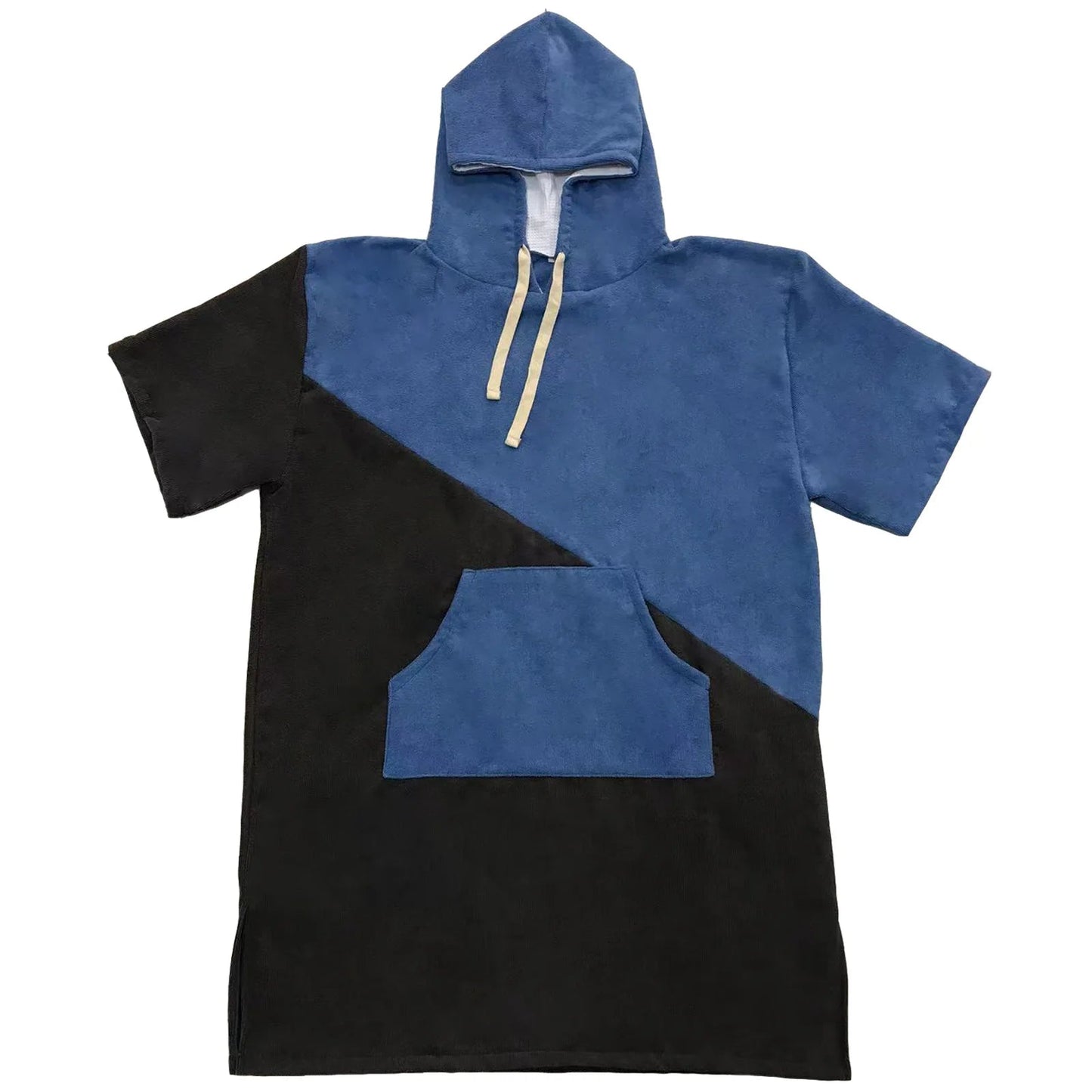 Swimming diving hooded bathrobe poncho in blue and black, featuring a pocket and cozy design for warmth during water activities.