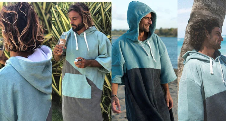 Stylish men in a swimming diving hooded bathrobe poncho, showcasing its comfort and functionality outdoors by the water.