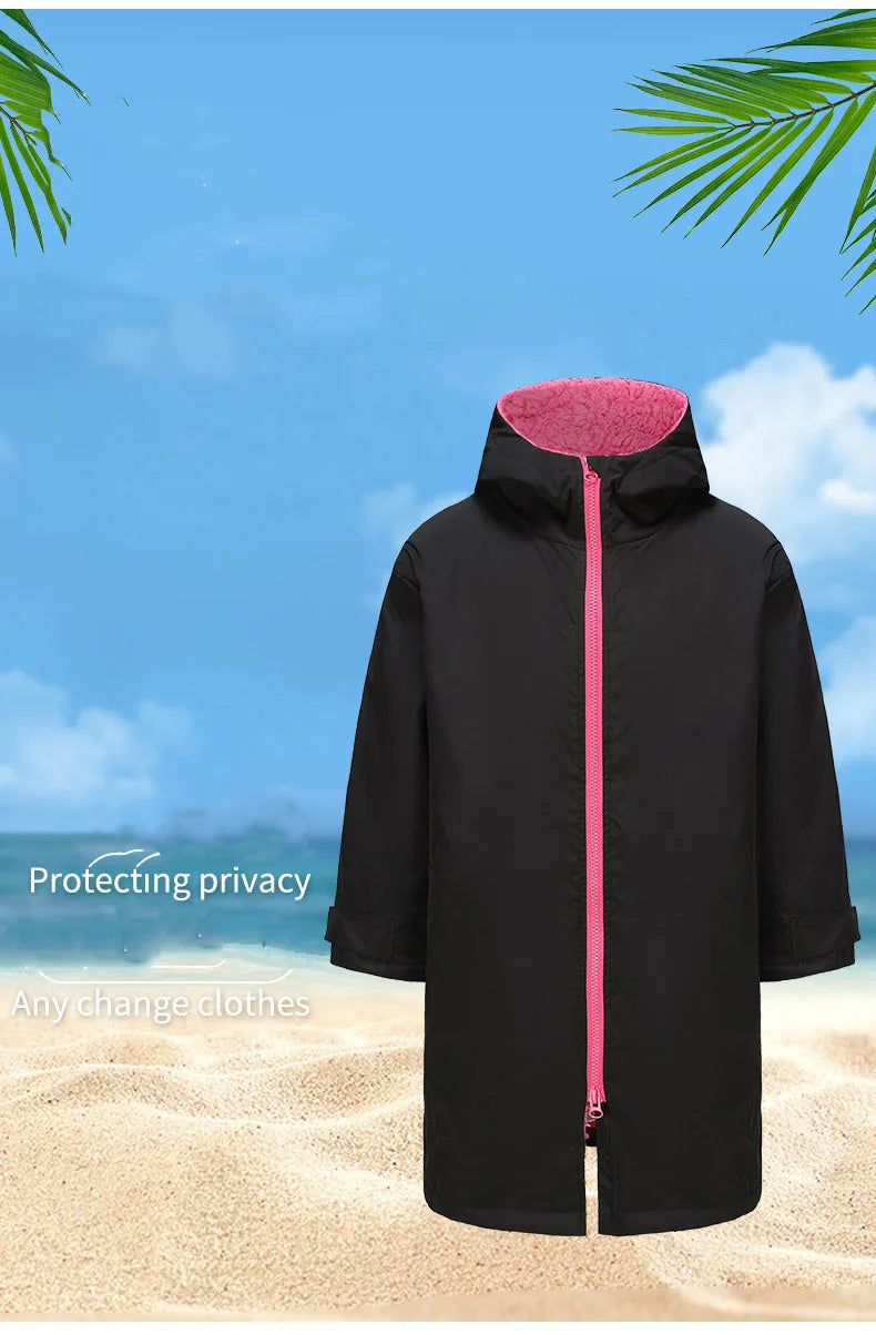 Thickened windproof changing robe in black with pink lining, ideal for warmth during outdoor water activities.