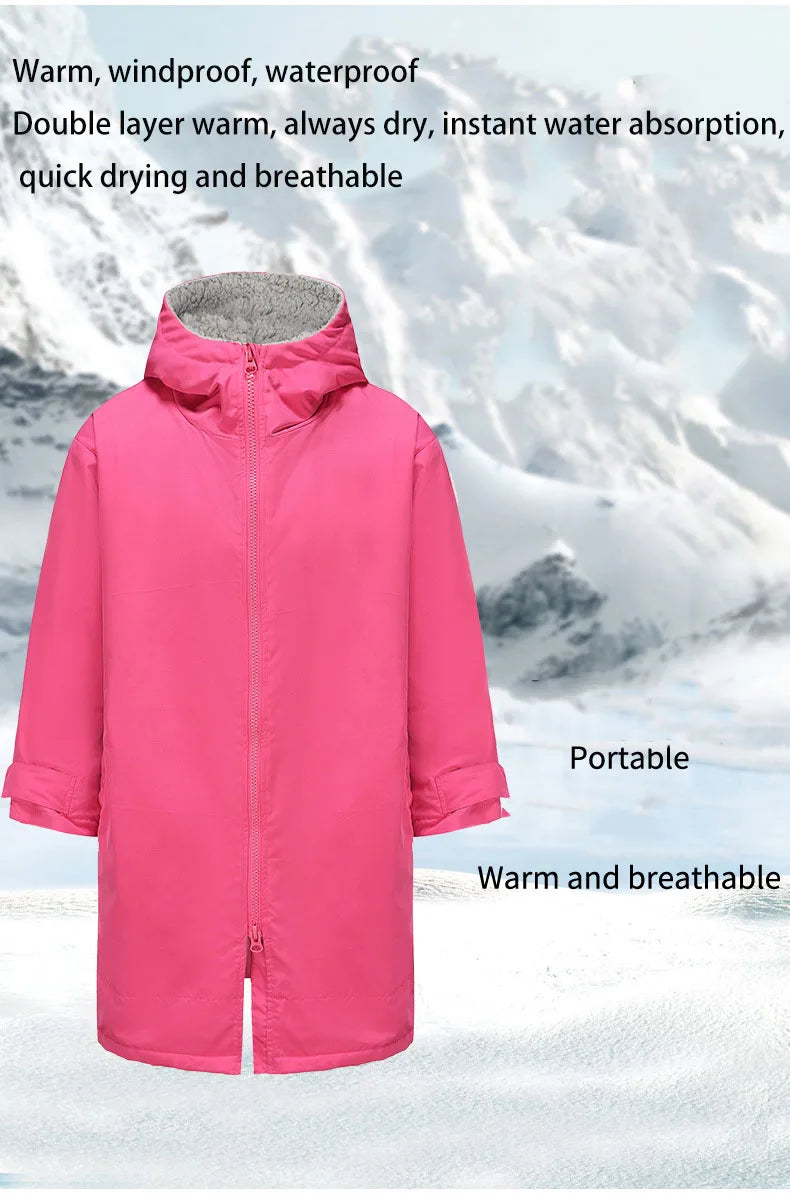 Thickened windproof and waterproof changing robe in pink, designed for warmth, quick drying, and breathability for water sports.