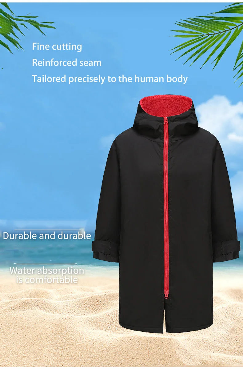 Thickened windproof changing robe with hood, featuring fine cutting and waterproof design for comfort during outdoor activities.