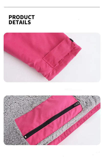 Close-up of the pink sleeve and zipper detail of the thickened windproof changing robe made with soft microfiber lining.