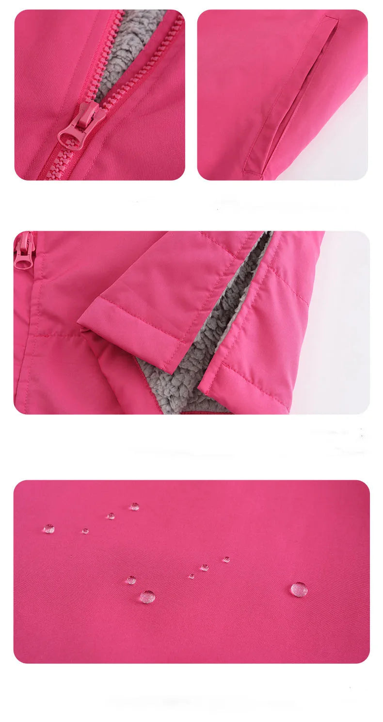 Close-up of the pink thickened windproof changing robe showing zipper and water-resistant fabric details.