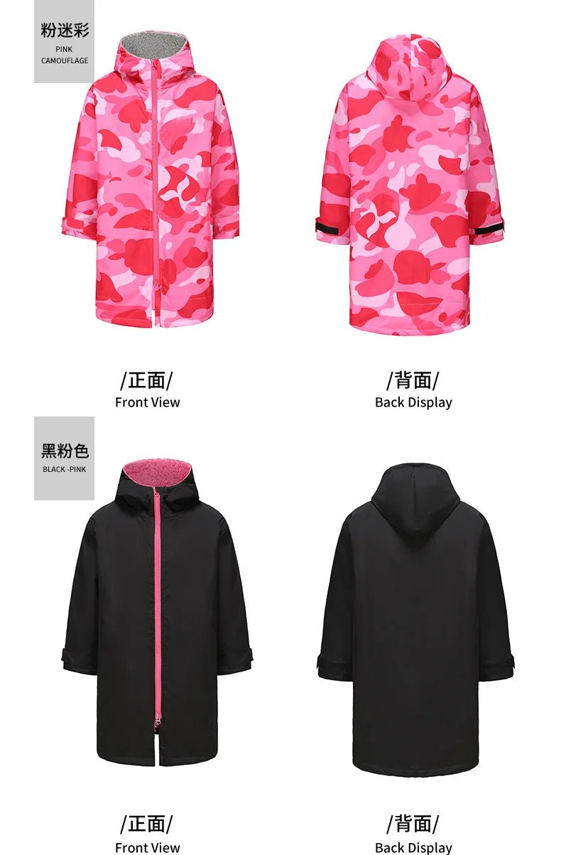 Thickened windproof and warm changing robe in pink camouflage and black designs, showcasing front and back views.