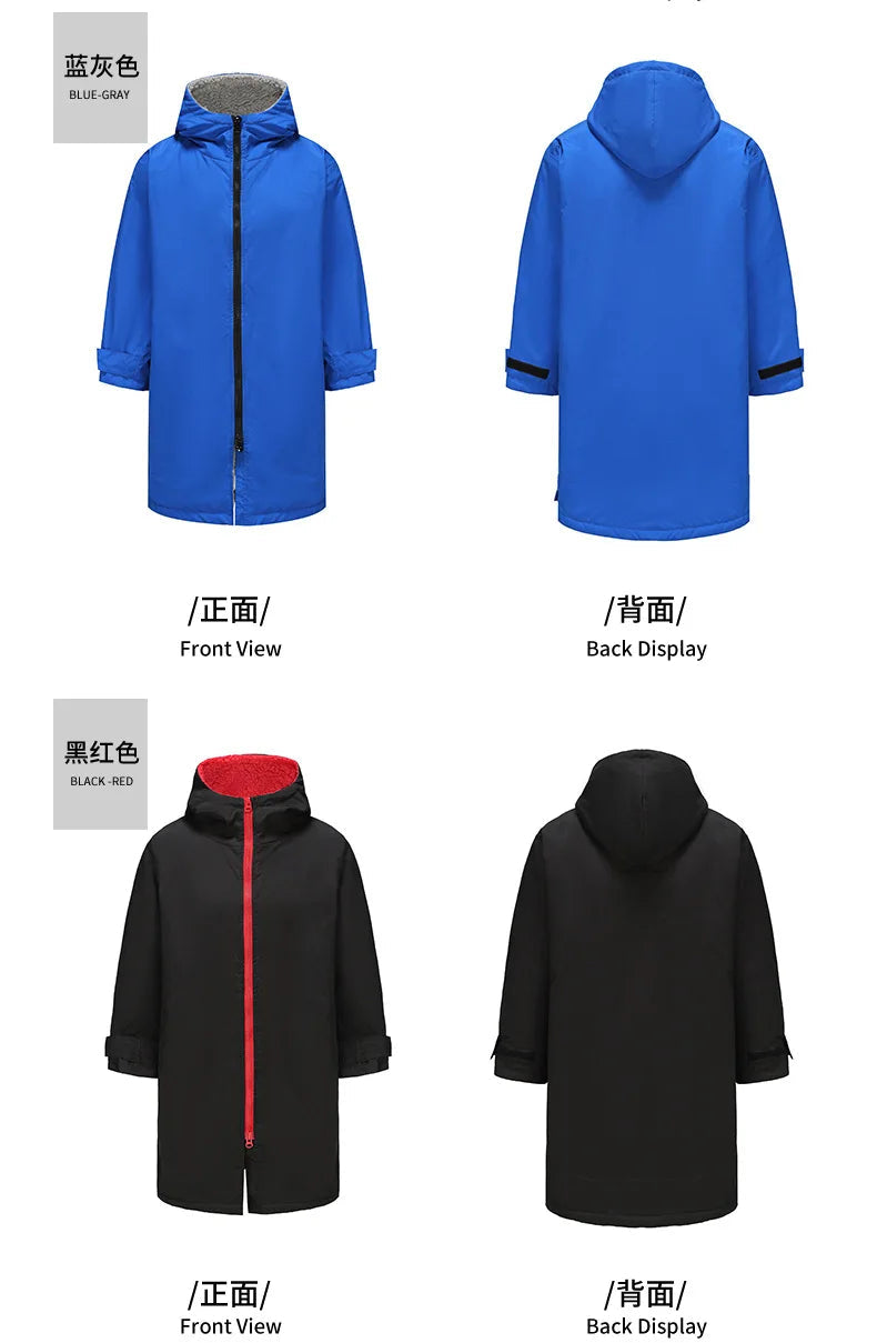 Thickened windproof and warm changing robe in blue-gray and black-red, front and back views displayed.