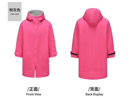 Thickened windproof and warm changing robe in pink-gray, showcasing front and back views with hood and soft lining.