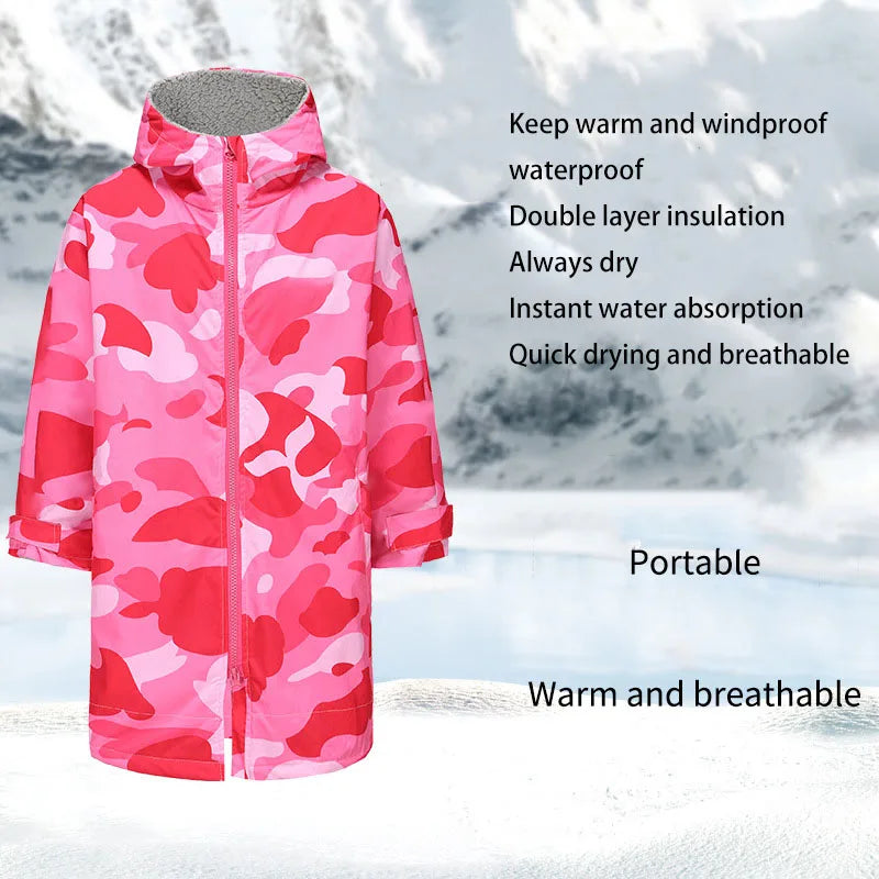 Thickened windproof changing robe in pink camouflage, waterproof, insulated, and breathable for outdoor water activities.