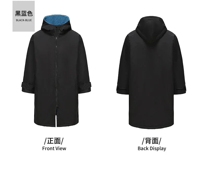 Thickened windproof and warm changing robe in black-blue, showcasing front and back views with hood for winter activities.