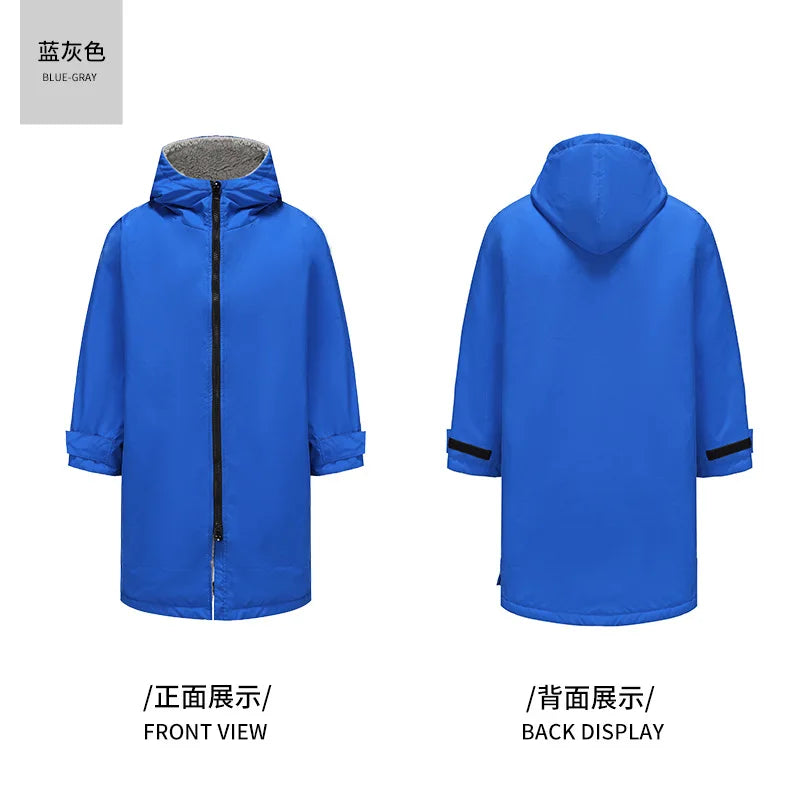 Thickened windproof and warm changing robe in blue-gray, featuring hood and front-back views for water activities.