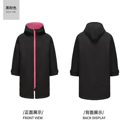 Thickened windproof robe in black and pink, front and back view, showcasing hood and soft lining for warmth and protection.